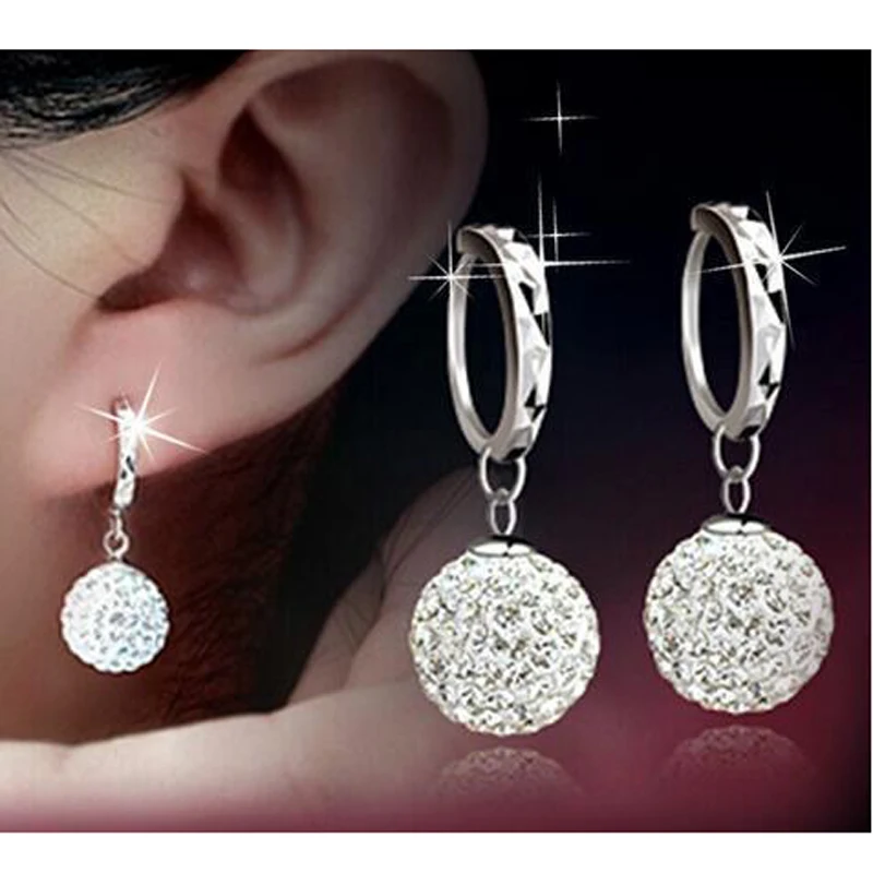 

LE SKY Super Flash Full Bling Crystal Princess Ball Silver Color Stud Earrings for Women Jewelry