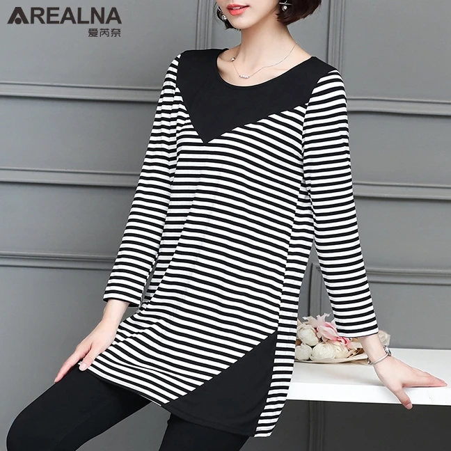 Осень весна Harajuku полосатая женская блузка, пэчворк Vogue Корейская женская длинная рубашка с круглым вырезом размера плюс 4XL 5XL Топы с длинным рукавом