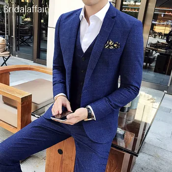 

KUSON Blue Lattice Male Tuxedos Mens Wedding Prom Suits Formal Business Plaid Slim Fit Men Suit Set 3 piece (Jacket+Pants+Vest)