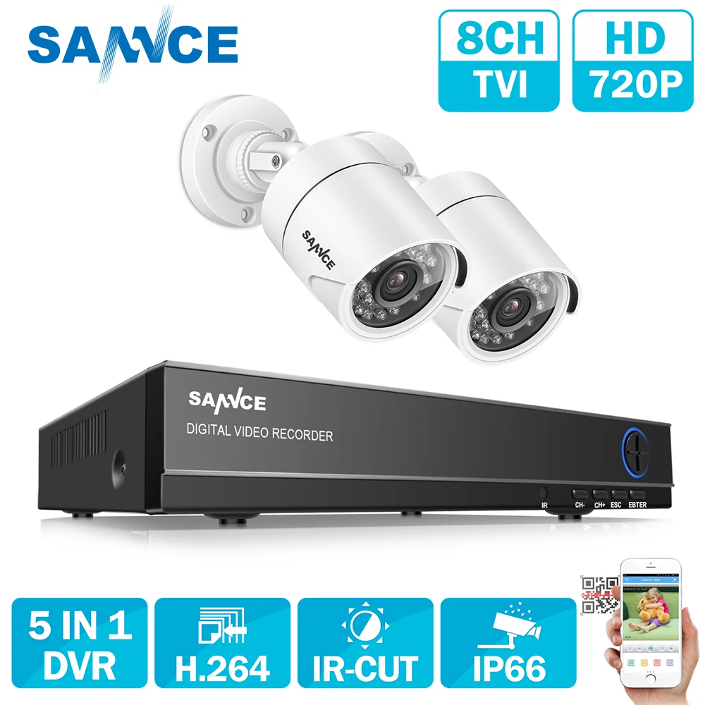 SANNCE 8CH HD-TVI 720P видео CCTV DVR система безопасности с 2 шт 1,0 мегапиксельная 720P крытые уличные белые камеры