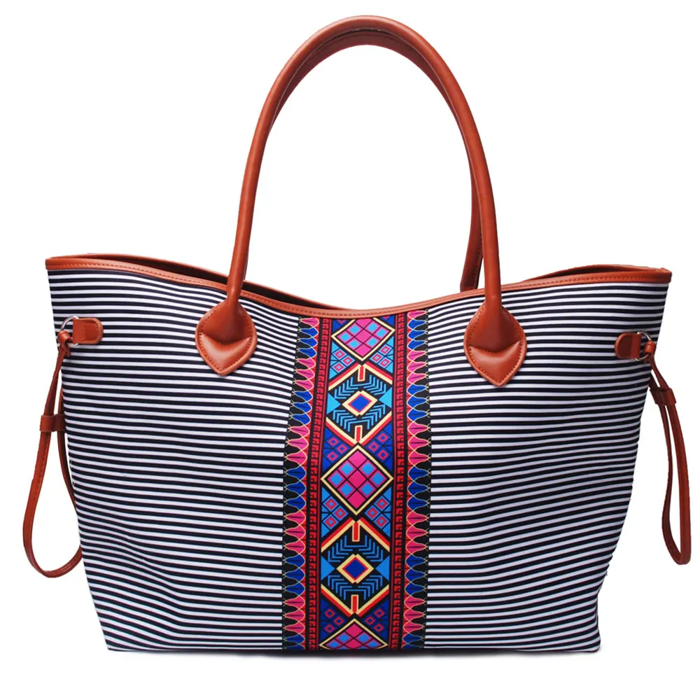 

Women Weekend Bag Casual Overnight Shoulderbag Ladies Stripes Totes With PU Handles&Bottom Hasp Closure Can Be Embroidery