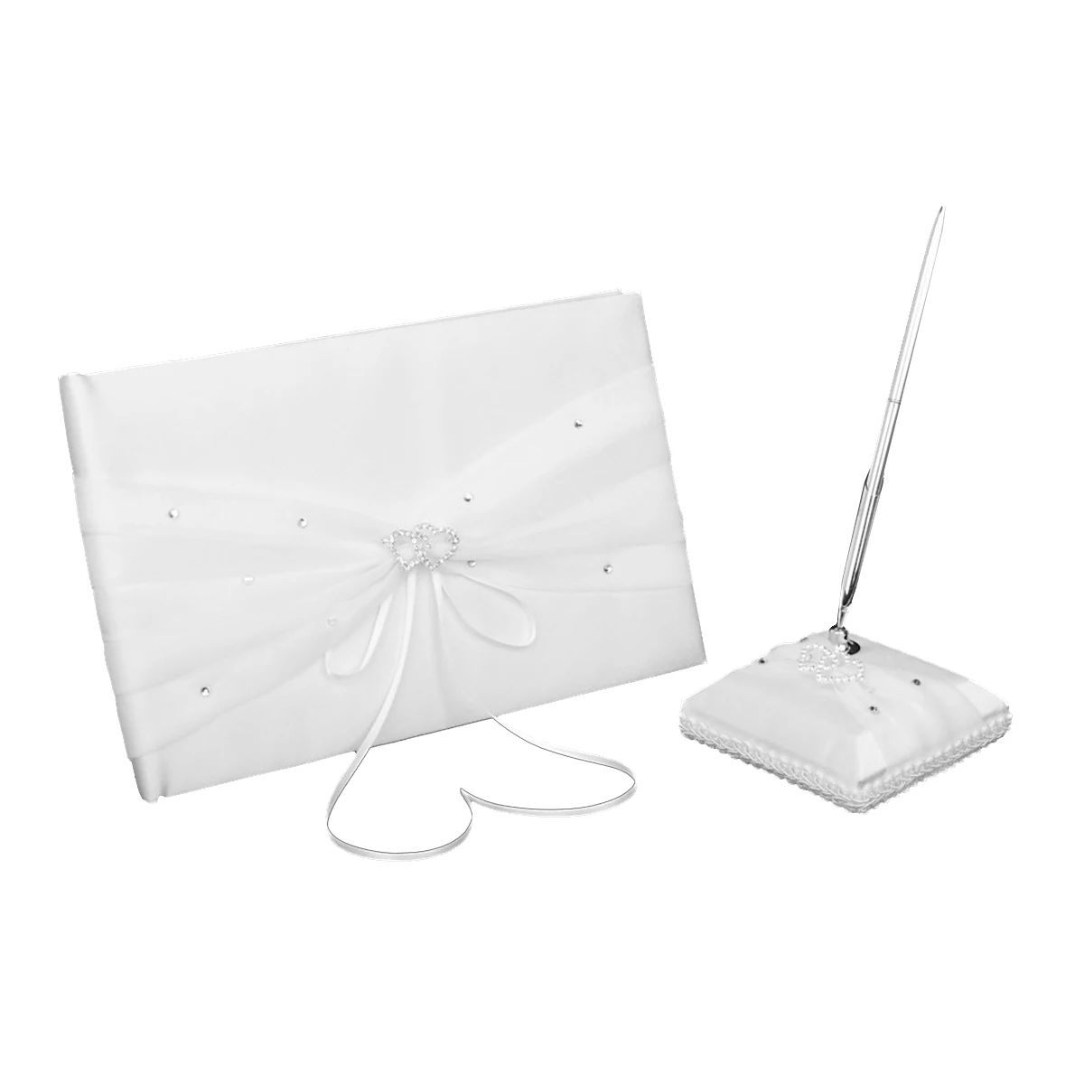 

Double Heart Diamante Embellished Satin Wedding Guestbook Pen and Stand