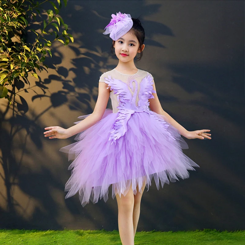

Purple Swan Royal Princess Dress Birthday Party Feather Ball Gown Wedding Flower Girl Dresses Beading Holy Communion Dress K52