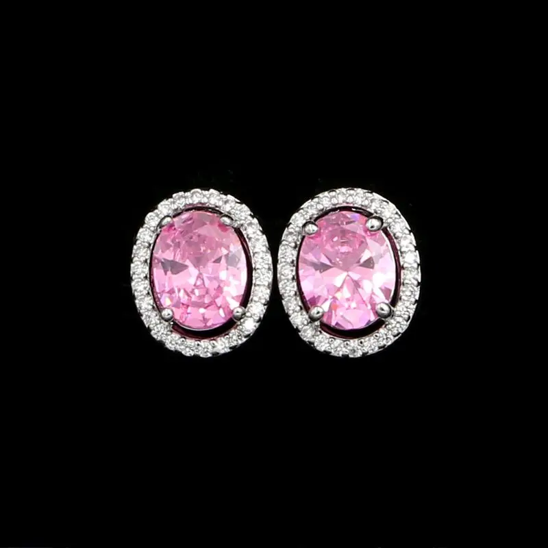 

Round 925 Sterling Silver Earrings For Women Pink Cubic Zirconia White Crystal Wedding Accessories