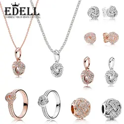 EDELL 100% Серебро 925 пробы 1:1 сверкающий любовный узел коллекция кольцо серьги гвоздики цепочки и ожерелья Очаровательные бисера розовое