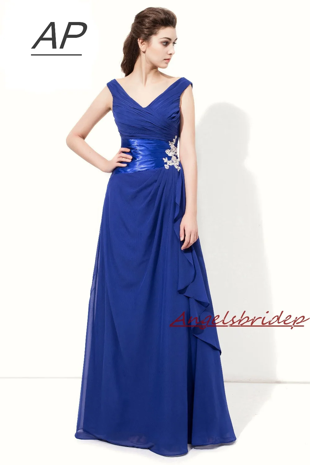ANGELSBRIDEP V Neck Chiffon Blue Bridesmaid Dress A Line Full Length