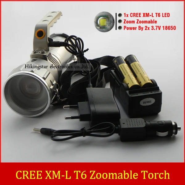 

NEW Handle 2000LM CREE XM-L T6 LED Flashlight 18650 Zoomable Flashlight With 2*18650 Battery + Charger
