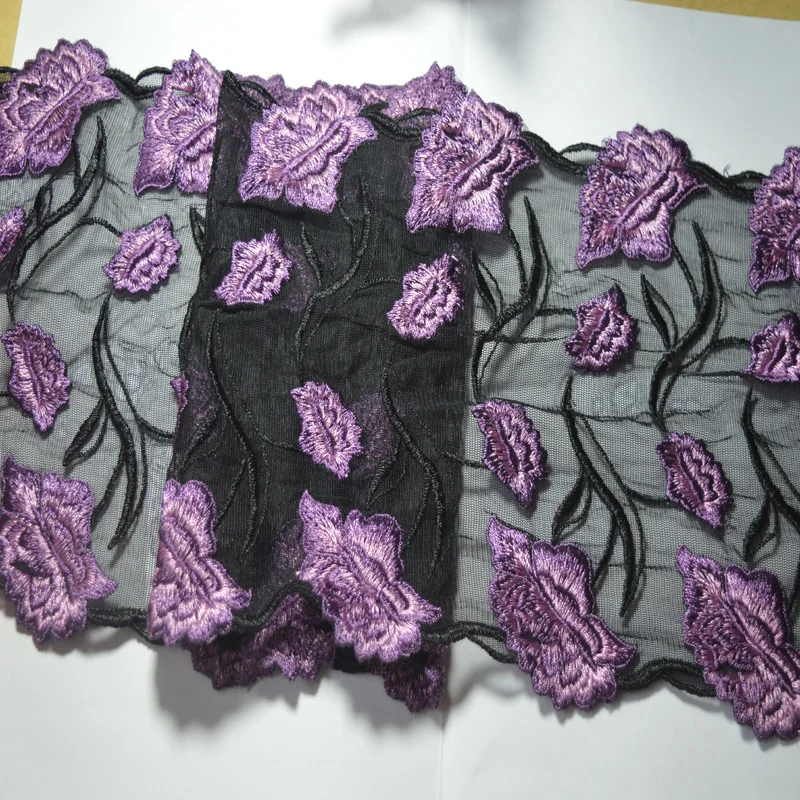 

free shipping 20CM (2yds/lot)black mesh purple silk flower Embroidery Hight quality lace fabrics embroidered lace trim 17010904