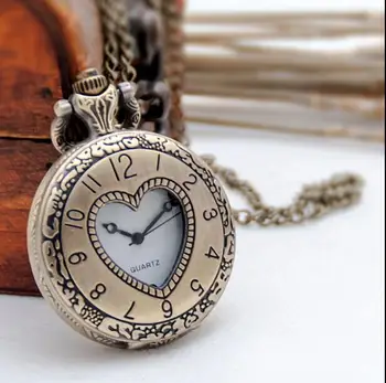 

Hollow out heart Fashion quartz Green bronze pendant woman and man gift Necklace pocket watches