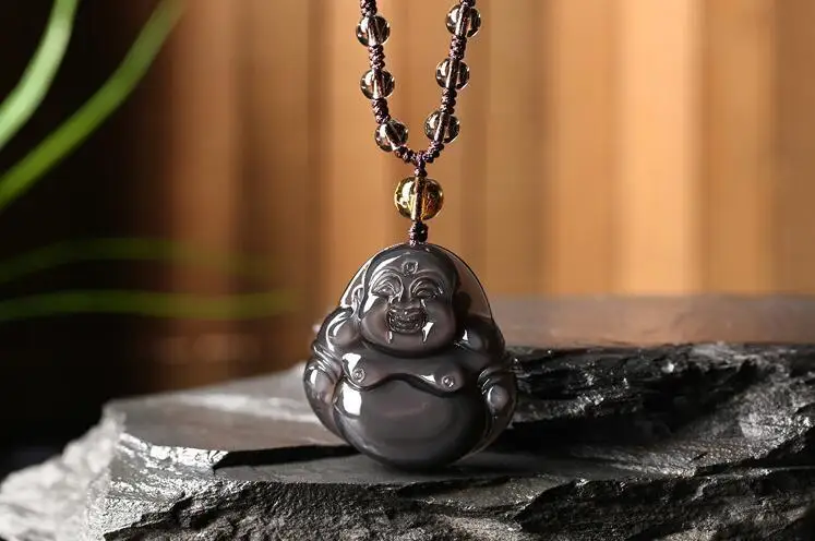 

Chinese Natural Colours Obsidian Hand-Carved Blessing Maitreya Buddha Pendant