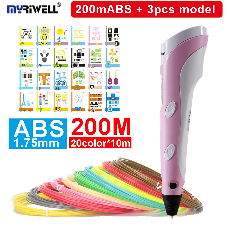 

MYRIWELL RP-100B 3D scribble pen,adaptes (EU,AU,US,UK),with 1.75mm ABS Filament (Multi-Color200M)+3 free sheets drawing template