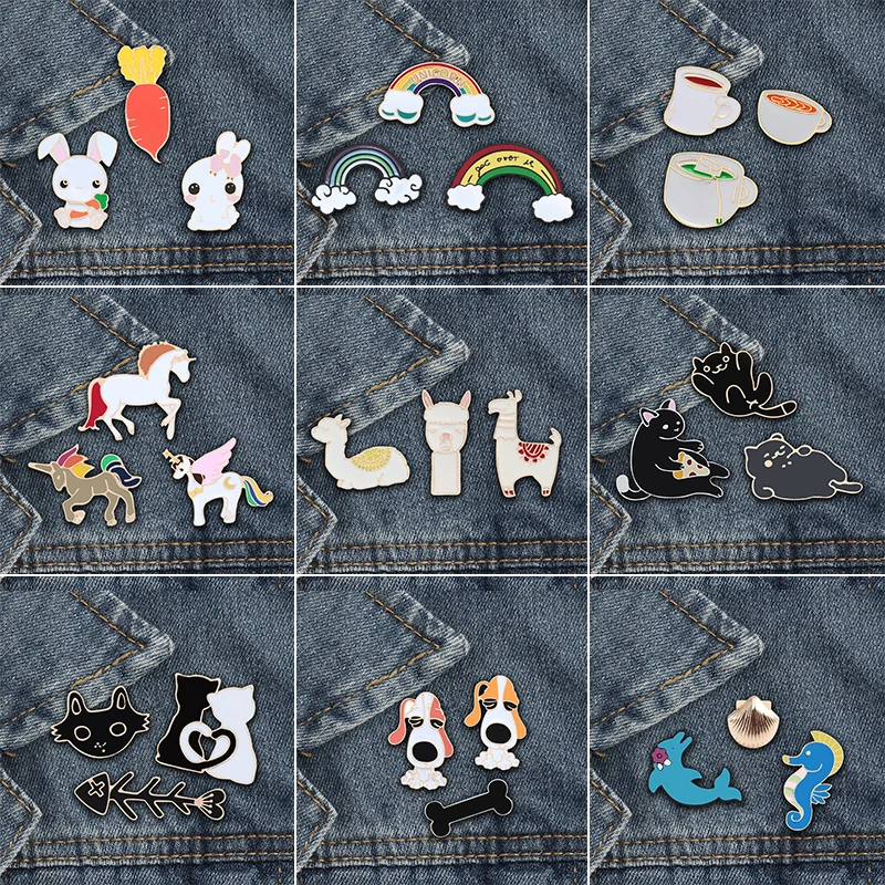 

3 pieces / set Cartoon Cute Couple Cat Rabbit Rainbow Brooches For Women Horse Cup Dog Creative Brooch Pins Jewelry Badge Gift