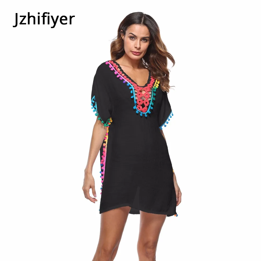 

Mini dress women kaftan one-piece sundress cotton crochet neck pareo beach one size dress fashion top with tassel on neck sleeve