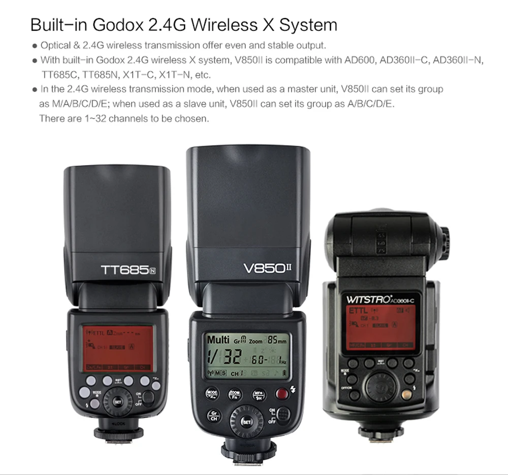 GODOX V850II 2000 mAh литий-ионная аккумуляторная батарея 2,4G 1/8000 s HSS Speedlite Flash Light GN60 для DSLR Canon Nikon Pentax Olympus