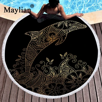 

150cm Microfiber Large Bath Towel Round Beach Towel for Adults Summer Toalla Dolphin Boho Printed Tassel T62
