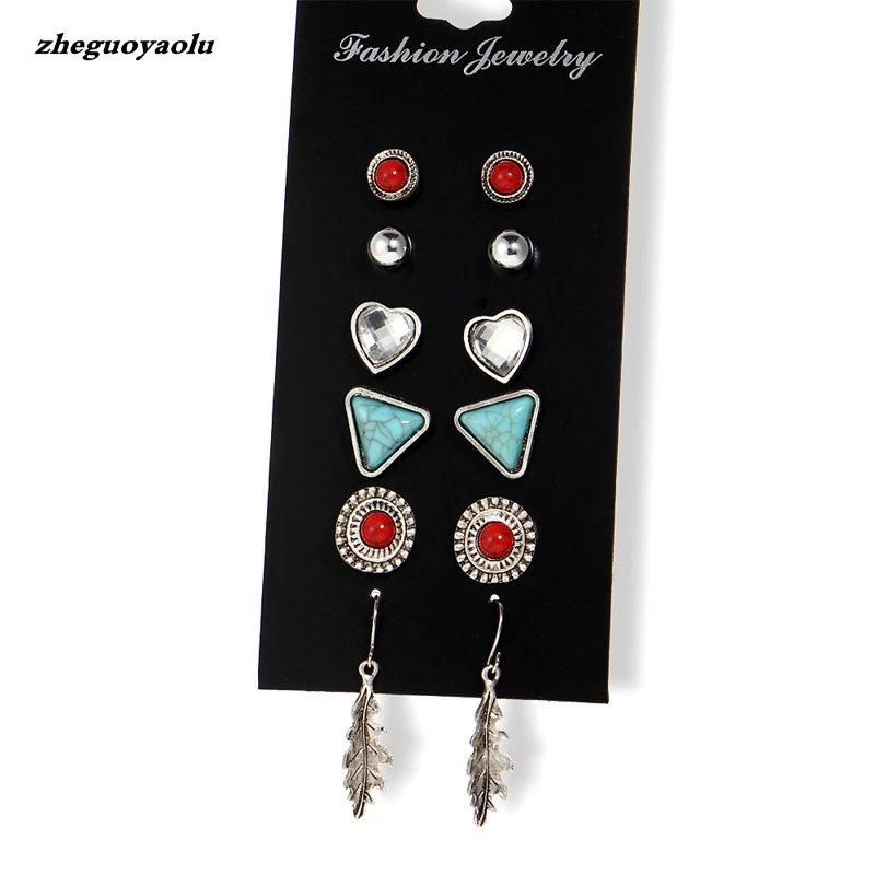 

6 Pairs/set Retro Green Stone Stud Earring Sets Mixed Leaf Square Triangle Round Heart Party Earring Studs Set For Women