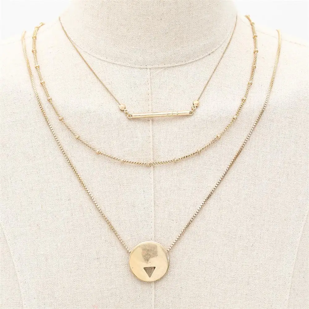 

simple boho style necklace Fashion Alloy Three-row Set Chain Geometric Pendant Multi-row Necklace luxury women gift #6