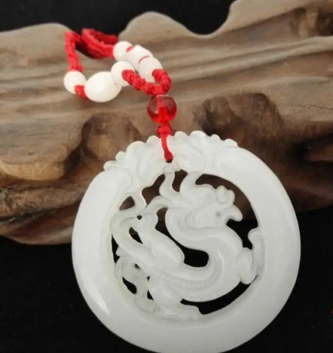 

Chinese White stone Dragon Pendant Necklace Manual sculpt Carving Charm Jewellery