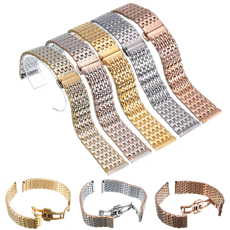 20 22mm Stainless Steel Wrist Watch Band Strap Silver Rose Gold Double Butterfly Clasp Buckle Bracelet For Men Women Relojes