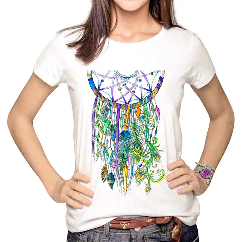 

LUS LOS Indian Dreamcatcher Print T Shirt Dream Catcher Indian Style Women Short Sleeved Shirt Summer Casual White Tee Shirt