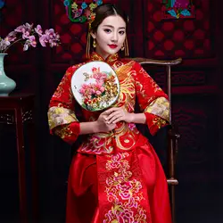 Китайский стиль невесты вышивка cheongsam Свадебная церемония платья для женщин костюм вечернее платье показать костюмы Тонкий феникс Qipao