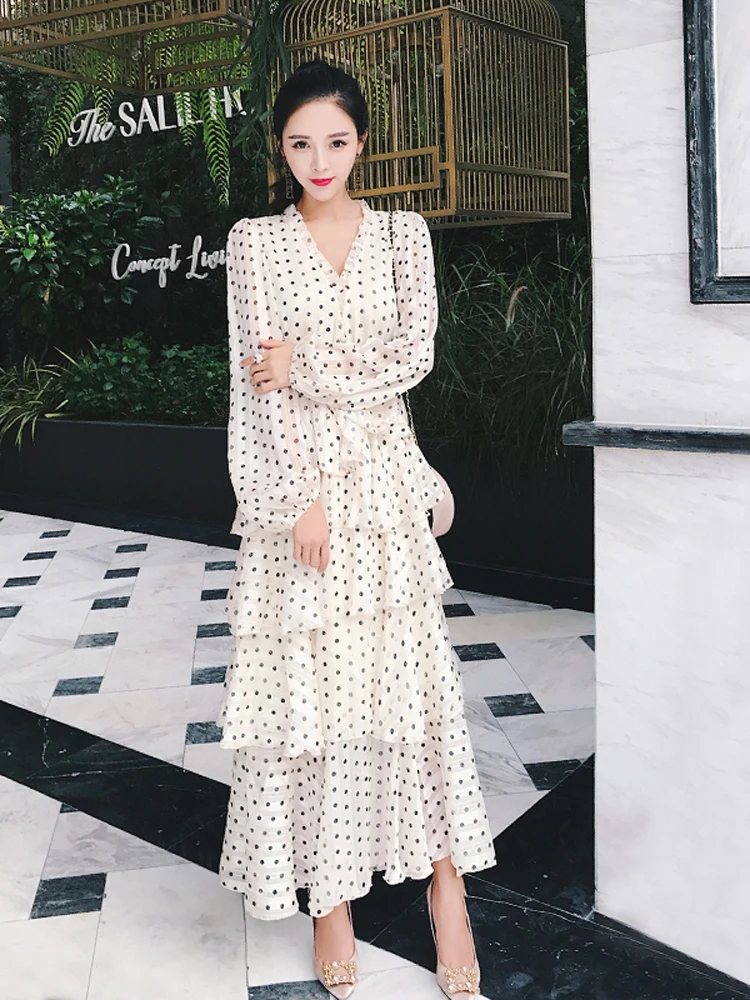 Superposée Dot Robe 2019 Femmes Longue D'été Vintage Beige Printemps Dress Long Polka Plage fwZqnRH