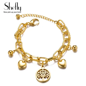 

Trendy Jewelry Bracelet For Women Multilayer Gold Chain Tree of Life Beads Charm Bracelets Stainless Steel pulseras 2019 New