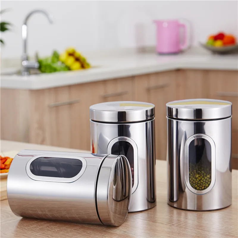 3Pcs Stainless Steel Storage Jar Thick Transparent Sealed Cans Noodles Grains Coffee Tea Candy Jar Kitchen Storage Bottle