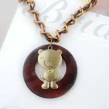 Antique Vintage Long Rope Chain Necklace Wooden Alloy Bear Pendants Neckless Cord Men Jewelry Accessories Free Shipping