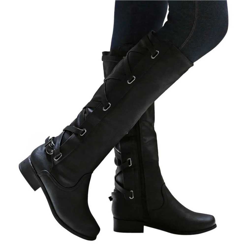 

Women Ladies Leather Shoes Buckle Roman Riding Knee High Cowboy Boots Martin Long Boots zapatos de mujer winter boots women #P12