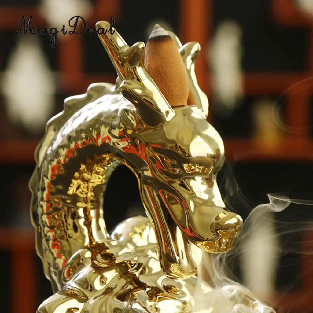 Incense Cones Ceramic Gold Dragon Incense Burner Smoke Backflow Waterfall Art Crafts Incense Cone Furnace