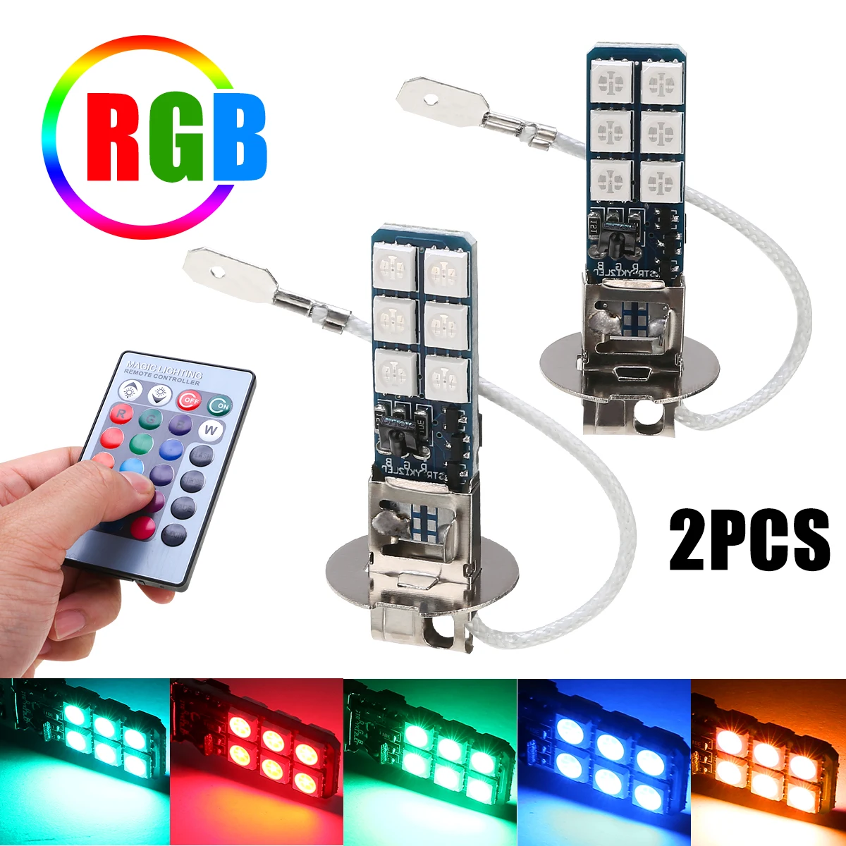 

Mayitr 1 Pair H3 5050 Fog Light 12SMD RGB LED Car Headlight Lamp Bulb With Remote for Car Decoration
