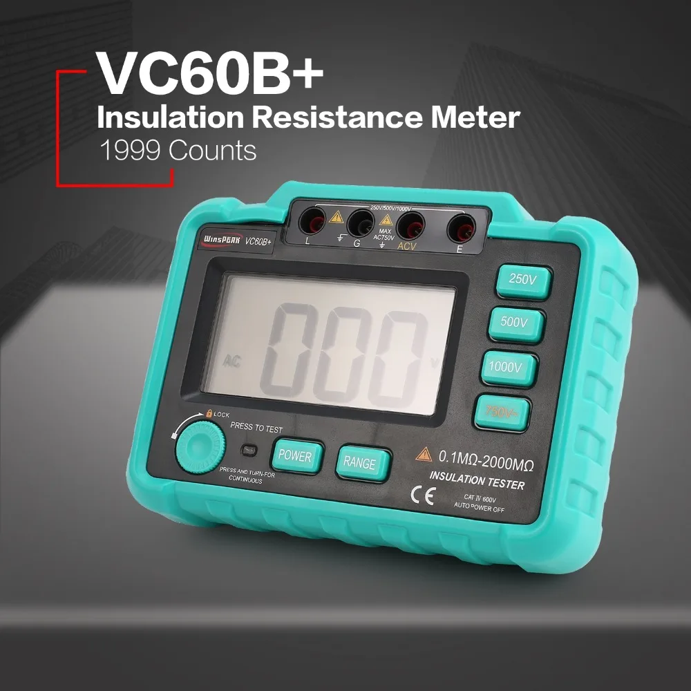 

New Ariive VC60B+ 1000V Digital Auto Range Insulation Resistance Meter Tester Megohmmeter Megger High Voltage LED Indication