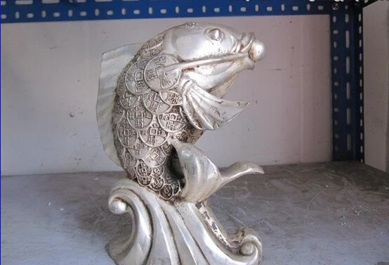 

150401 S0033 8"Chinese Folk classical Silver Luckly Money tattoo cyprinoid Fish statue discount 30% (C0324)