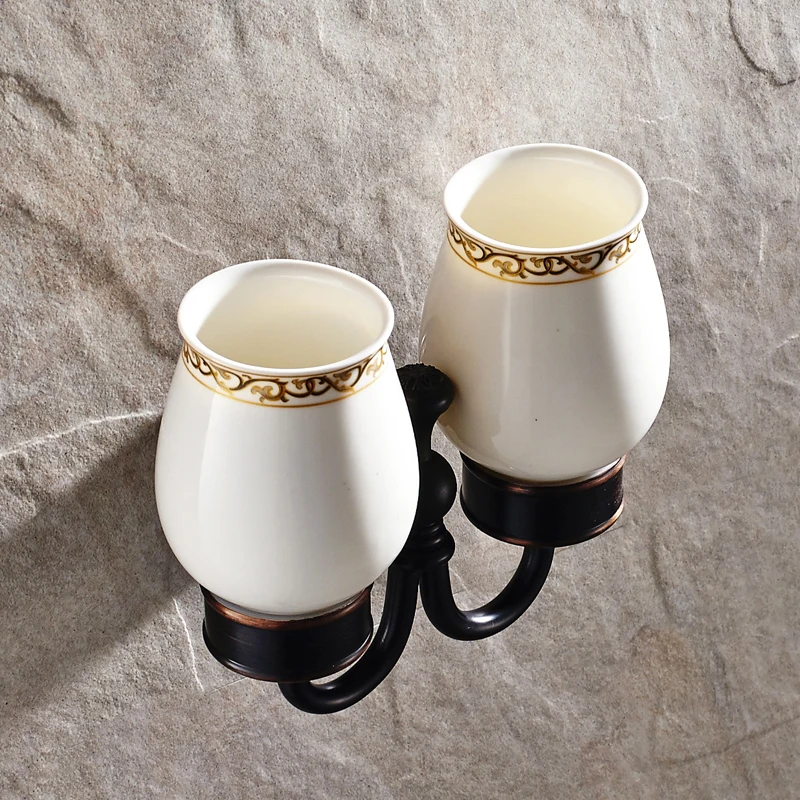

Antique Oil Finish Black Toothbrush Cup Holder European Bathroom Tumblers Ceramic Cups Bronze Brush Bathroom Accessories Set