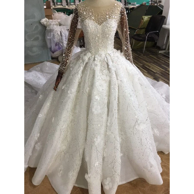 Роскошное бальное платье принцессы арабские подвенечные платья сетчатые Длинные рукава Цветочные аппликации платье невесты с отделкой бисером Vestido De Novia