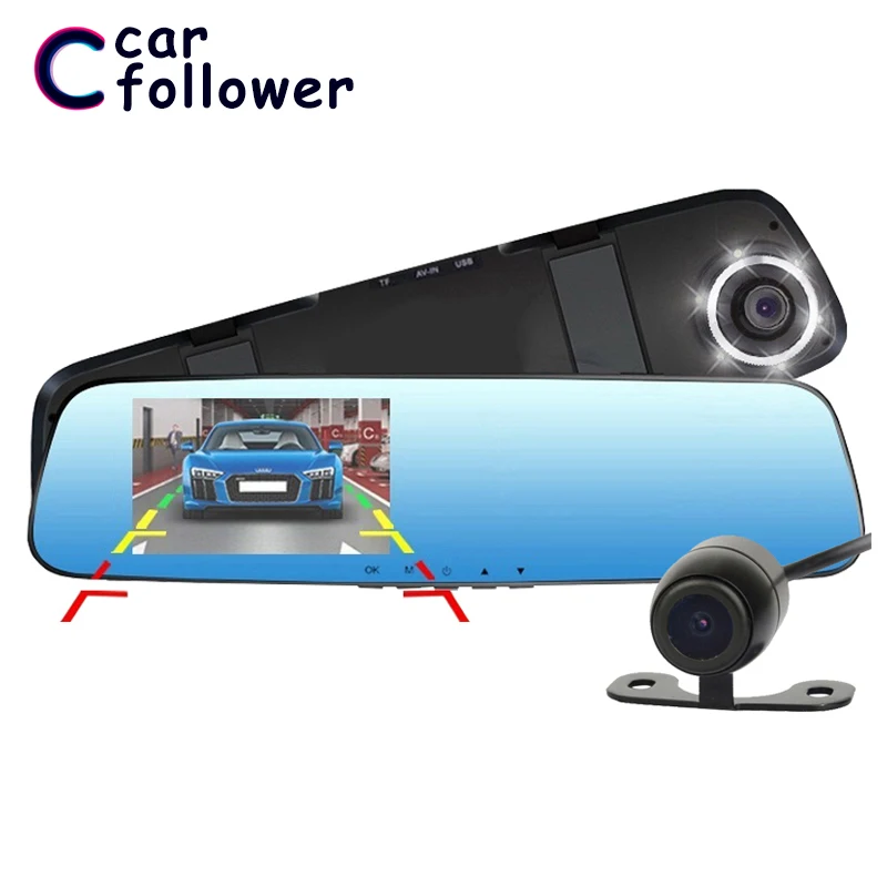 Автомобильный видеорегистратор 4 3 дюйма FHD 1080P с двумя объективами камера заднего