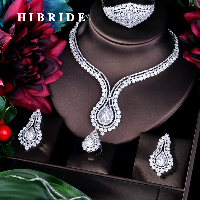 

HIBRIDE роскошный блестящий фианит 4 шт. свадебные наборы модные нигерийские бусы ожерелье комплект ювелирных изделий N-781