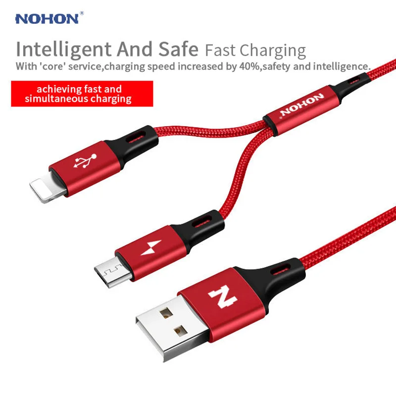 NOHON type C Micro 8-контактный USB кабель 2 в 1 для iPhone 8X7 6 6S Plus iPad iPod для samsung lenovo Nokia LG Android нейлоновые кабели