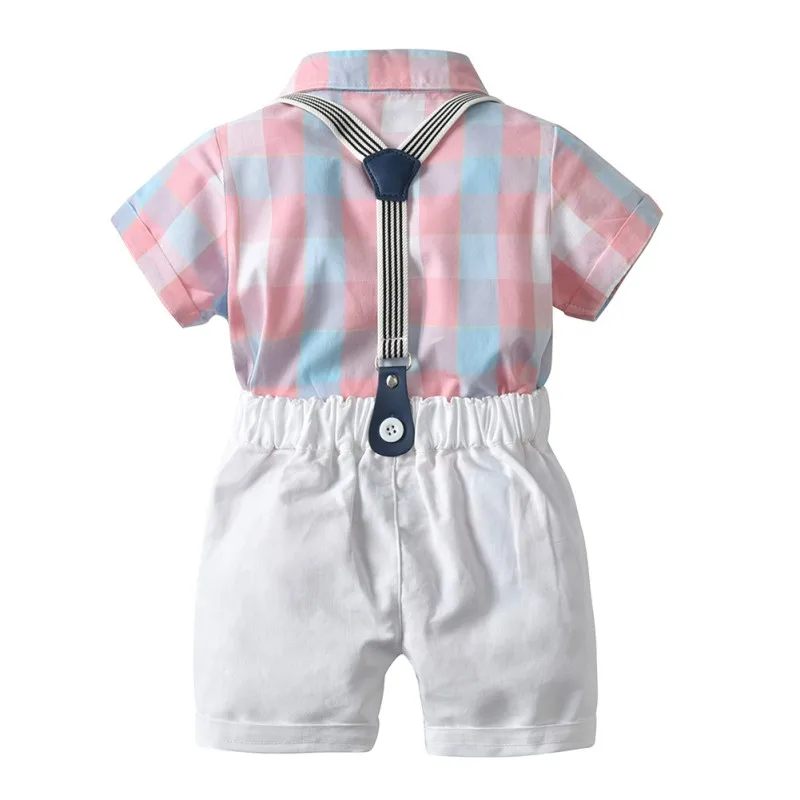 

Baby Boys Outfit Cotton Short Sleeve Clothes Plaid Bodysur Tops+ Bib Pants Baby 2PCS Gentleman Se