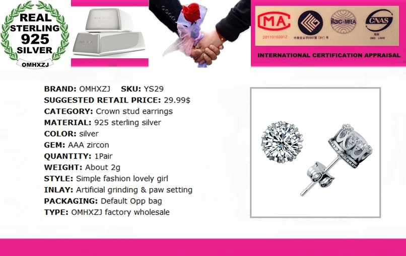 OMHXZJ Модные ювелирные изделия Корона натуральный кристалл AAA Циркон 925 пробы серебряные серьги гвоздики YS29