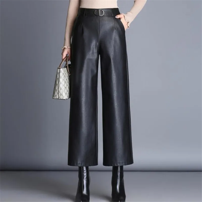black leather wide leg pants