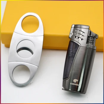 

COHIBA Elegant Metal Windproof 3 Jet Flame Torch Cigarette Lighter Sharp Dual Blades Cigar Cutter W/Gift Box Set