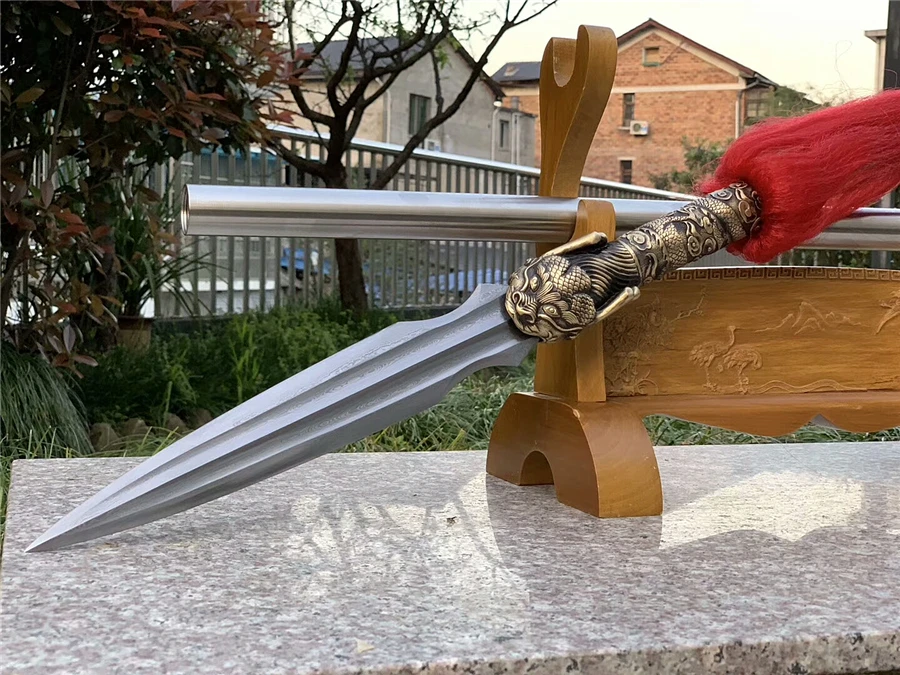 Высокое качество KungFu охотничий копье меч острый сложенный изогнутая сталь подводная головка с драконом