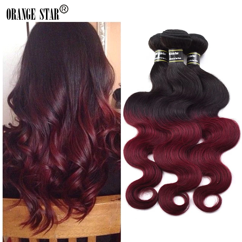 

1B Burgundy Brazilian Ombre Hair Extensions 3 Bundles Two Tone Brazilian Body Wave Virgin Hair Weaving Ombre Body Wave Hair Weft