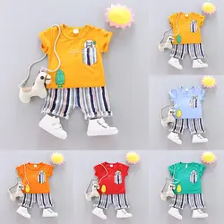 Летняя футболка с короткими рукавами и рисунком кота для мальчиков, топы, шорты в полоску, летний комплект одежды
