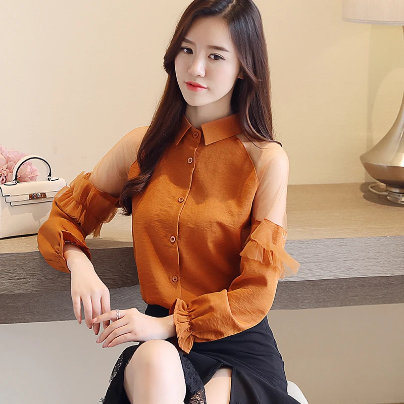 2018 جديد طويل كم قميص أزياء أنيقة مكتب سيدة عارضة الجوف الشيفون قميص ضئيلة التخسيس مثير فام قمم Blusas 0793 30