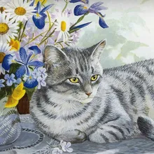 Белая кошка рядом с дикими цветами DIY живопись по номерам 24 цвета пигментная кисть ручная роспись креативная цифровая картина маслом