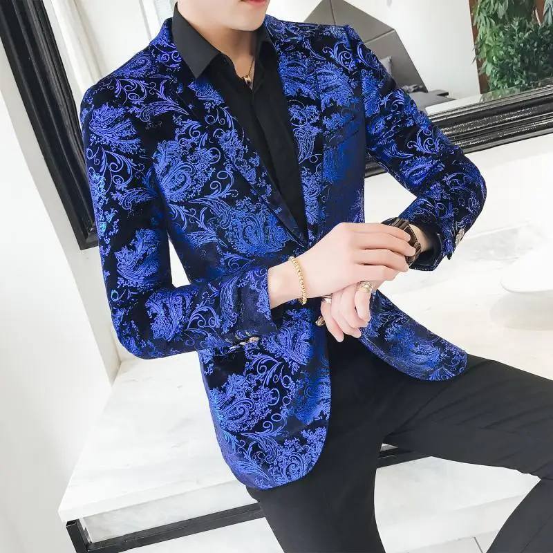 Синий бархатный пиджак на 2 пуговицах, мужской роскошный маскарадный пиджак с узором пейсли и цветами, мужской пиджак Terno Masculino размера плюс 5xl