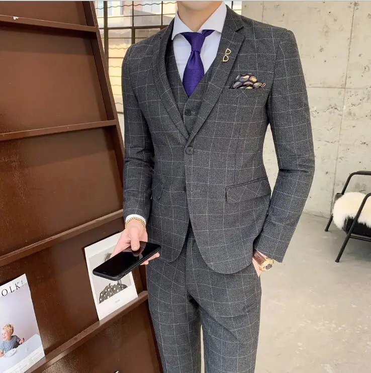 Luxury Mens Blue Suit Jacket Pants Costume Homme Mariage Tuxedos Men Wedding Groom Blazers Suits(jacket+pants+vest) | Мужская одежда